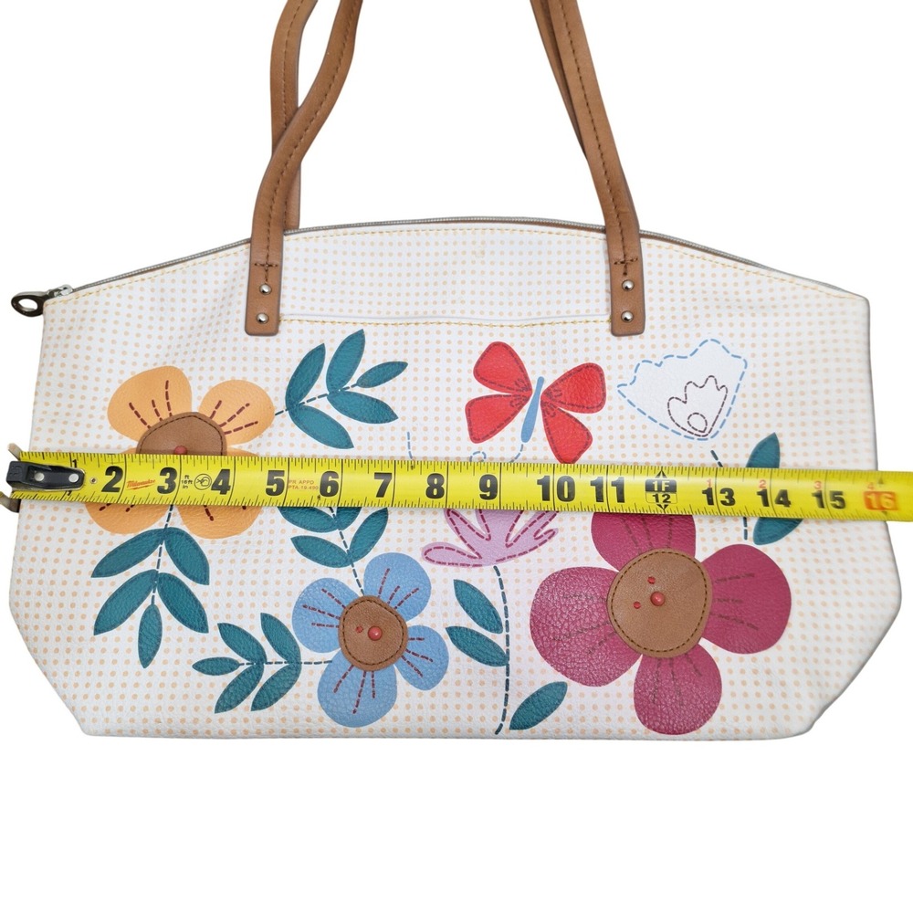 Relic Floral Butterfly Applique Polka Dot Tote Shoulder Bag White Tan RLH5559